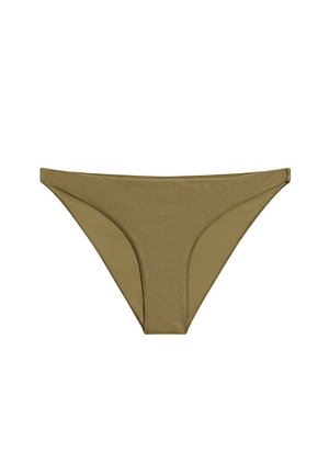 Dół bikini w kolorze oliwkowej zieleni o klasycznym kroju i gładkim materiale, pokazany na białym tle.