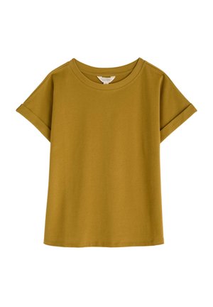 Senfgelbe Kurzarm-T-Shirt mit Rundhalsausschnitt, umgeschlagenen Ärmeln und lockerer Passform. Hergestellt aus weicher, strukturierter Stoff.