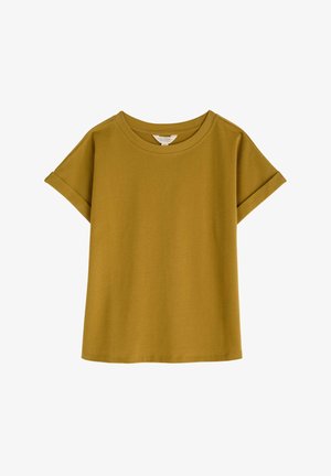 Senčeno rumena kratka majica s kratkimi rokavi, okroglo ovratnikom, zvitimi rokavi in sproščenim krojem. Narejena iz mehke, strukturirane tkanine.