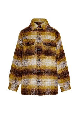 Brown and yellow plaid shirt jacket, made of textured fabric, featuring two chest pockets, button closure, and a collar.