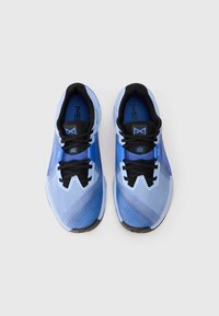Blue athletic shoes with a gradient effect, mesh fabric upper, black laces, and a reinforced toe. Features a patterned design on the sides.