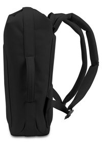 Black backpack with a sleek, rectangular shape, made of durable fabric; features padded shoulder straps and a side handle for easy carrying.