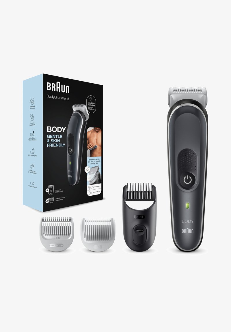 Braun BodyGroomer 5 elektrischer Trimmer mit Ein-/Ausschalter, LED-Leuchte, drei Kammaufsätzen und Verpackung, die die Anwendung zur Körperpflege und die Funktionen zeigt.