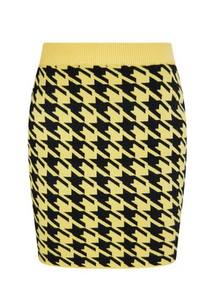 Gonna lavorata a maglia con motivo pied-de-poule giallo e nero con una fascia in vita gialla a coste.