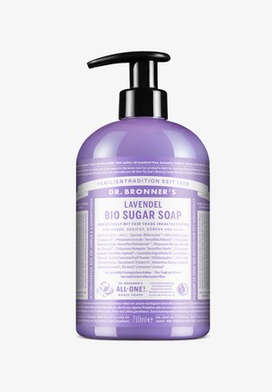 Lavendelduftende Dr. Bronner's Bio-Zuckerseife in einer 710 ml runden lila Pumpspenderflasche mit detaillierten Zutaten- und Anwendungstexten auf Deutsch.