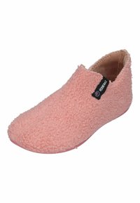 Pink slip-on shoe with a textured, fluffy exterior and a soft, smooth interior. Features a logo tag on the side and a flexible sole.