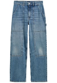 Ljusblå denimbyxor med lös passform, med stora fickor på framsidan, kontrasterande sömmar och en traditionell femficksdesign.