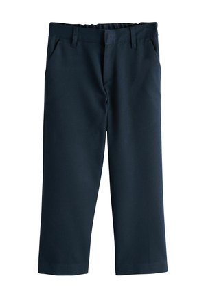 Navy blue straight-leg pants with belt loops, front pockets, and elastic waistband, displayed flat on a white background.