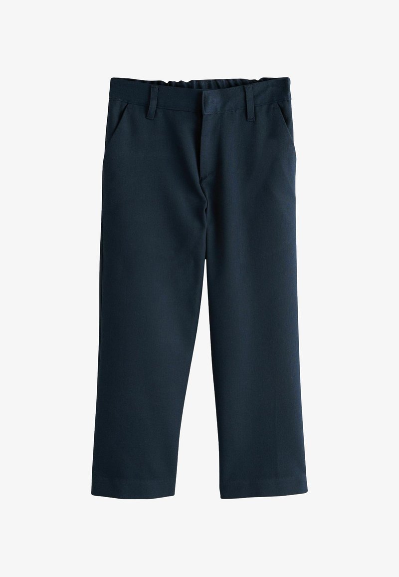 Pantalon droit bleu marine avec passants pour ceinture, poches avant et taille élastique, présenté à plat sur un fond blanc.