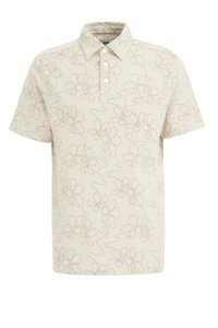 Polo de manga corta en beige claro con un sutil patrón floral. Cuenta con una tapeta de botones y un bolsillo en el pecho. Tejido suave y texturizado.