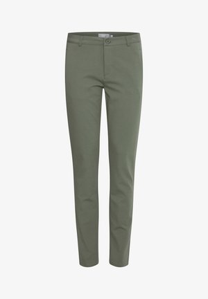 Olivově zelené kalhoty vyrobené z měkké, elastické látky. Ušitý design s rovnými nohavicemi, obsahující přední zapínání na knoflík a poutka na opasek.