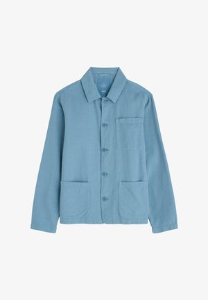 Helles blaues Jacket aus weichem Stoff, mit einem Kragen, Vorderknöpfen, langen Ärmeln und zwei aufgesetzten Taschen auf der Vorderseite.