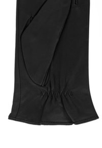 Gant en cuir noir avec une texture lisse, détail de poignet froncé et construction sans couture, conçu pour un ajustement parfait.
