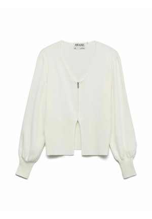 Cardigan blanc à manches longues avec col en V, fermeture éclair centrale et larges bordures côtelées aux poignets et à l'ourlet.