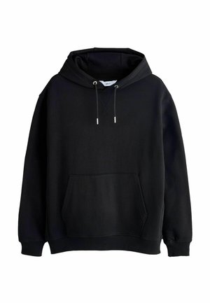 Mustast pullover-stiilis kapuutsiga dressipluus eestahoidva kängurumoe tasku, nööriga kapuuts ja soonikkoes varrukasäärte ning alläärega.