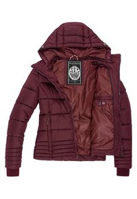 Bordo puffer jakna s kvadratnim uzorkom, džepovima na patentni zatvarač i glatkom podstavom. Ima podesivu kapuljaču i rebraste manžete.