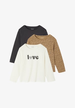 Drei Langarmshirts: schwarz, weiß mit "love" Grafik und braunem Leopardenmuster. Weiches Baumwollmaterial, runde Ausschnitte, lässige Passform.