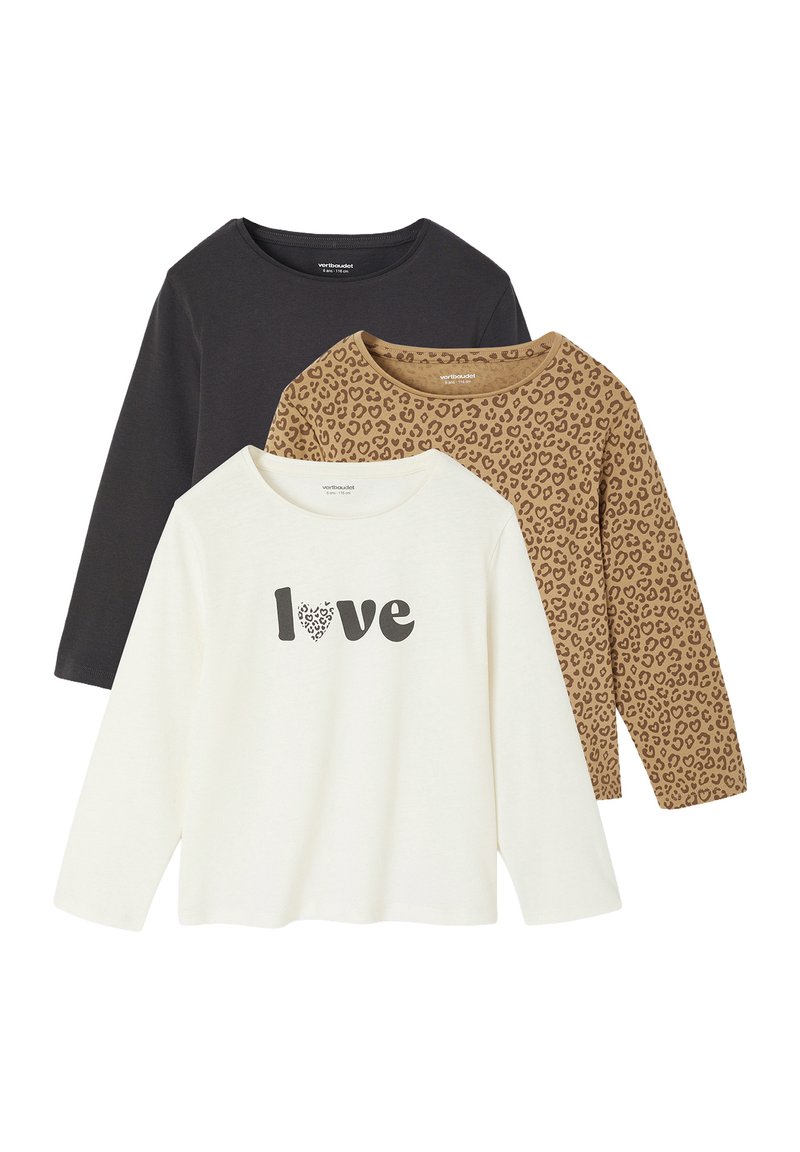 Three long-sleeve shirts: black, white with "love" graphic, and brown leopard print. Soft cotton material, round necklines, casual fit.