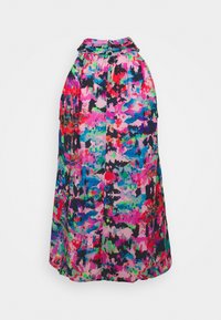 Multikleurige jurk tot de knieën met een levendig abstract patroon in roze, rood, blauw en groen. Inclusief een kraaglijn en knoopdetails.