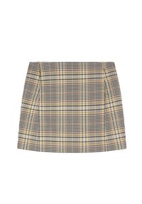 Rutet mini nederdel med et ternet mønster i beige, sort og brun, med en struktureret design og glat tekstur.
