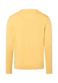 Langärmliger gelber Pullover mit gerippten Bündchen und Saum, von hinten vor einem weißen Hintergrund gezeigt.