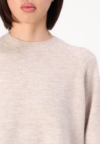Pulover tricotat bej cu guler rotund, guler canalat și o textură moale, având o croială lejeră și mâneci raglan.