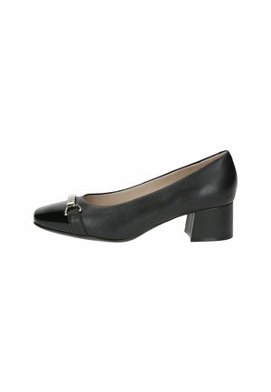 Black leather pump shoe with a pointed toe, small block heel, and metallic buckle detail on the vamp, featuring a smooth texture.