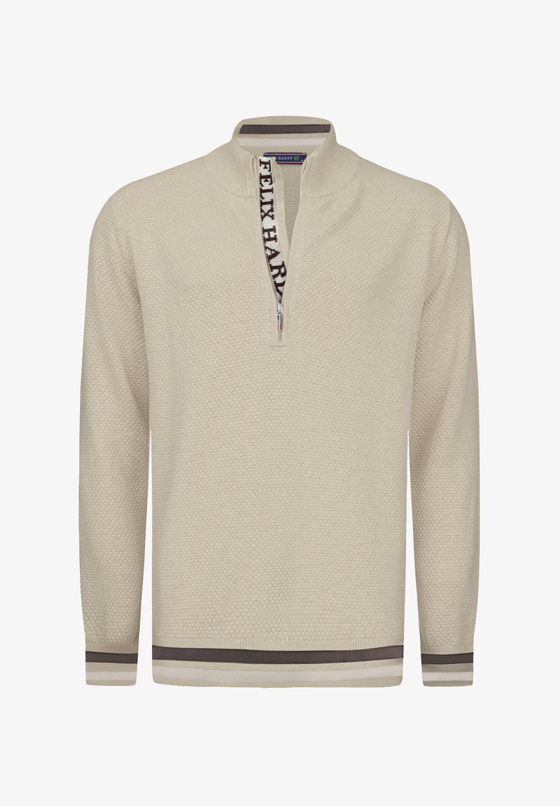 Helles beige Sweatshirt mit strukturiertem Muster, Viertelreißverschluss und geripptem Saum. Besitzt ein kontrastierendes Logodetail am Kragen.