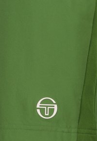 Pantaloni sportivi verdi realizzati in tessuto liscio, con un logo circolare bianco vicino in basso a destra e con dettagli laterali testurizzati.