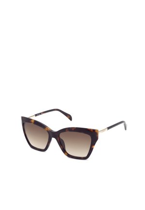 Lunettes de soleil œil-de-chat en écaille avec verres marron dégradés et branches noires avec accents dorés sur fond blanc.