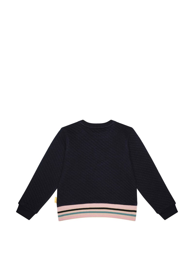 Marineblauer, gesteppter Sweatshirt mit langen Ärmeln, rundem Hals und einem gerippten Saum mit pastellfarbenen rosa, grünen und weißen Streifen.