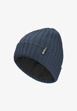 Gestrickte marineblaue Mütze mit gerippter Textur, ausgestattet mit einem weichen schwarzen Futter und einem kleinen Logostick auf der Seite.