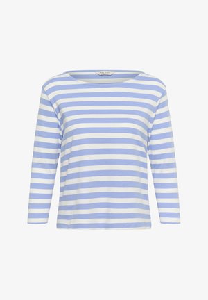 Long-sleeve, lightweight top with a boat neck, featuring horizontal light blue and white stripes on soft cotton fabric.