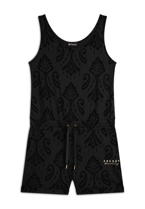 Tutina nera con un motivo damascato testurizzato, design senza maniche, vita regolabile con cordino e accessori in tono oro.