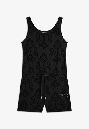 Mono negro con un patrón damasco texturizado, diseño sin mangas, cintura ajustable con cordón y detalles en tono dorado.