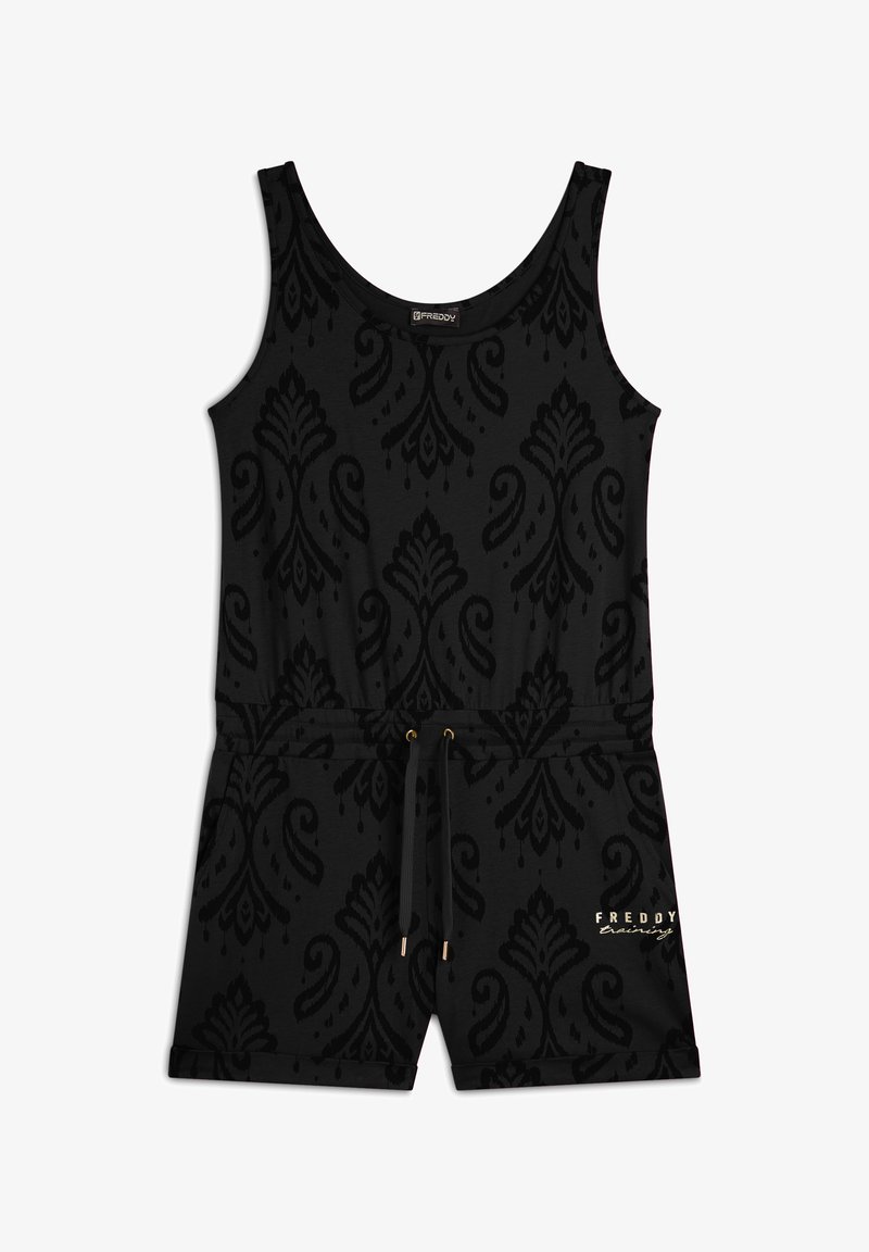 Tutina nera con un motivo damascato testurizzato, design senza maniche, vita regolabile con cordino e accessori in tono oro.