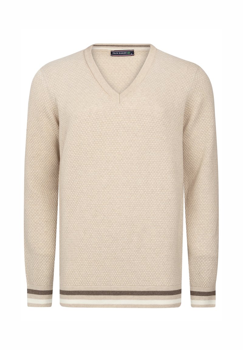 Pull beige à col en V avec motif en maille texturée et poignets et ourlet rayés en tons marron et blanc.