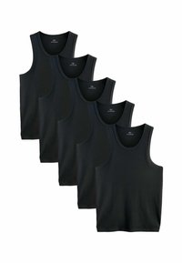 Five black cotton tank tops are displayed in a row. Each has a round neckline and wide shoulder straps, featuring a smooth texture.