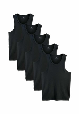 Five black cotton tank tops are displayed in a row. Each has a round neckline and wide shoulder straps, featuring a smooth texture.