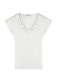 Camiseta blanca de cuello en V con mangas cortas enrolladas, fabricada en tejido suave y con un ribete en contraste alrededor del escote. Diseño minimalista, sin patrones.