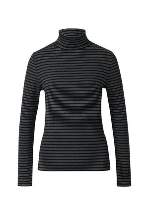 Czarny sweter z golfem i długimi rękawami, ozdobiony poziomymi białymi i metaliczno-złotymi paskami, o gładkiej fakturze i dopasowanym kroju.