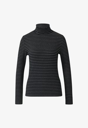 Czarny sweter z golfem i długimi rękawami, ozdobiony poziomymi białymi i metaliczno-złotymi paskami, o gładkiej fakturze i dopasowanym kroju.