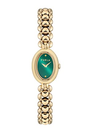 Gouden armbandhorloge met ovale groene wijzerplaat, gouden wijzers en Furla-logo, voorzien van een gepolijste, afgeronde kralenschakelband.