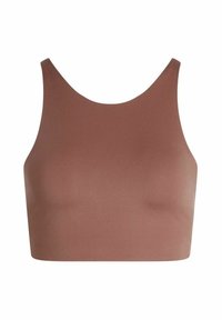 Smeđa, bez rukava, crop top izrađen od glatkog materijala; ima okrugli izrez i prilagođen dizajn, pogodan za slojevito nošenje ili sportske aktivnosti.