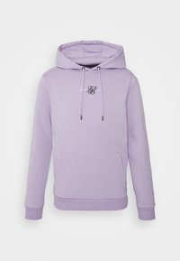 Sudadera morada de tela suave, con un bolsillo frontal, capucha con cordón y un pequeño logo negro en el pecho. Puños y dobladillo acanalados.