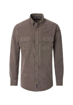 Langärmliges Hemd in einem gedämpften Braun mit strukturiertem Stoff. Verfügt über einen Button-Down-Kragen, zwei Brusttaschen und eine Knopfleiste vorne.