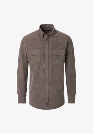 Langärmliges Hemd in einem gedämpften Braun mit strukturiertem Stoff. Verfügt über einen Button-Down-Kragen, zwei Brusttaschen und eine Knopfleiste vorne.