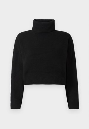 Fekete, rövidített kötött pulóver magas nyakú kivágással, hosszú ujjakkal és puha textúrával. Egyszerű dizájn, minta vagy látható fém részletek nélkül.