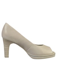 Escarpin beige pour femme à bout ouvert, talon moyen empilé et dessus en cuir lisse.