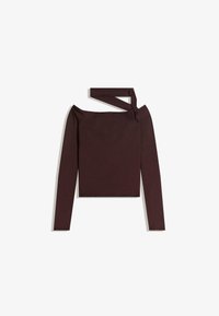 Rjava dolga majica z dolgimi rokavi iz elastičnega materiala, z off-shoulder dizajnom in zavezanem traku na levem ramenu.